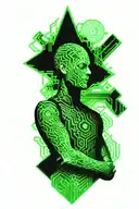 Full sleeve tattoo with hacker matrix, green. In the background tracers like those on a motherboard. tattoo design idea