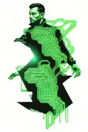 Full sleeve tattoo with hacker matrix, green. In the background tracers like those on a motherboard. tattoo design idea