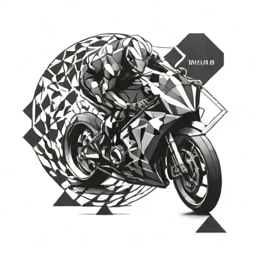 A geometric tattoo design combining the sleek lines of IronMan's suit with elements of a triathlon course, incorporating patterns inspired by ocean waves and animals subtly integrated throughout the composition tattoo design idea