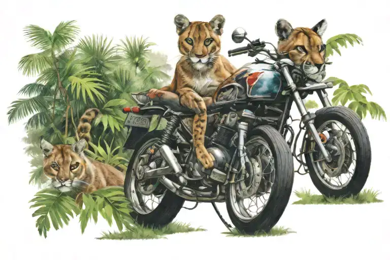 A thrilling motorcycle ride through a jungle filled with cougars tattoo design idea