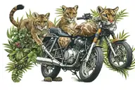 A thrilling motorcycle ride through a jungle filled with cougars tattoo design idea
