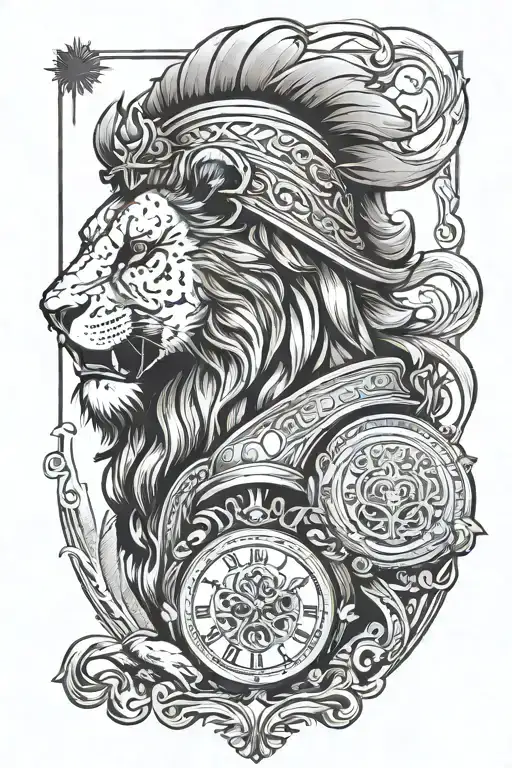 Time with lion head and a greek soldier praying to allah tattoo design idea