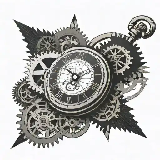 pocket watch with falling cogs in the background black and white tattoo design idea