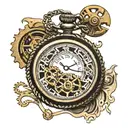 pocket watch with falling cogs in the background black and white tattoo design idea