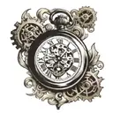 pocket watch with falling cogs in the background black and white tattoo design idea