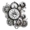 pocket watch with falling cogs in the background black and white tattoo design idea