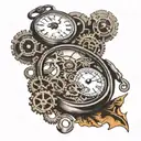 pocket watch with falling cogs in the background black and white tattoo design idea