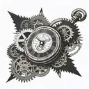 pocket watch with falling cogs in the background black and white tattoo design idea