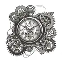 pocket watch with falling cogs in the background black and white tattoo design idea