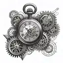 pocket watch with falling cogs in the background black and white tattoo design idea