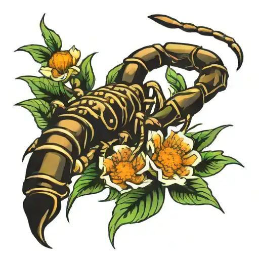 scorpion crawling across marigold flower tattoo design idea