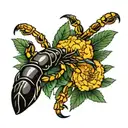 scorpion crawling across marigold flower tattoo design idea
