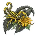 scorpion crawling across marigold flower tattoo design idea