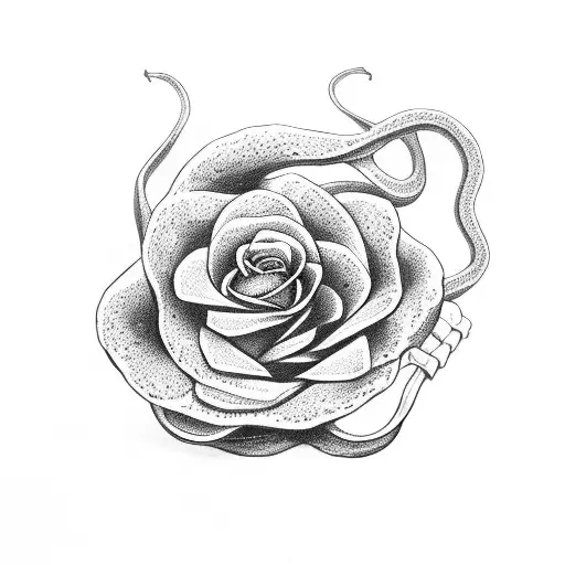 snake hugging red rose around thorns tattoo design idea