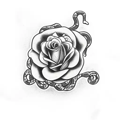 snake hugging red rose around thorns tattoo design idea
