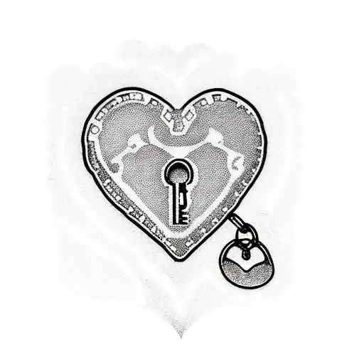 A dotwork tattoo of a heart-shaped lock and key symbolizing the mechanic's love for his first born child and baby boy, with the number 24 subtly incorporated in the design tattoo design idea