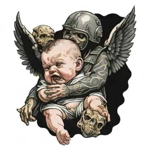 A warrior man who has lost his hands and baby angels are crying over his head tattoo design idea