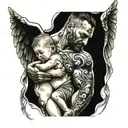 A warrior man who has lost his hands and baby angels are crying over his head tattoo design idea