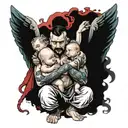 A warrior man who has lost his hands and baby angels are crying over his head tattoo design idea