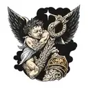 A warrior man who has lost his hands and baby angels are crying over his head tattoo design idea