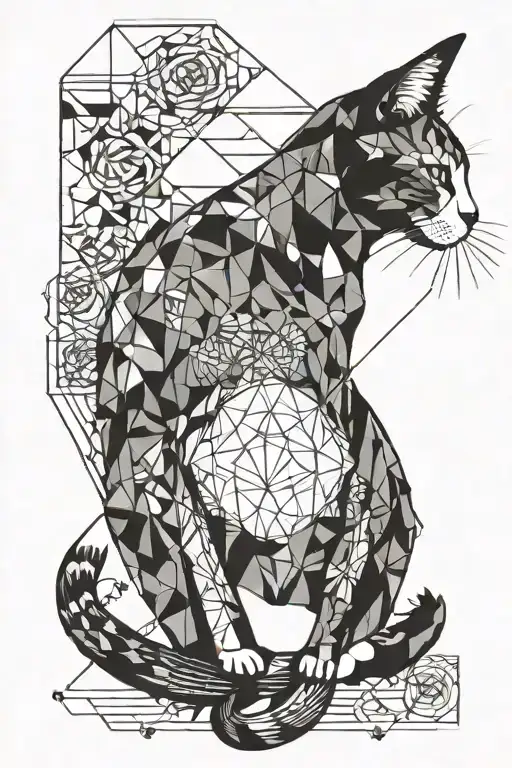 geometric cat sitting foward looking sideways in black and white tattoo design idea
