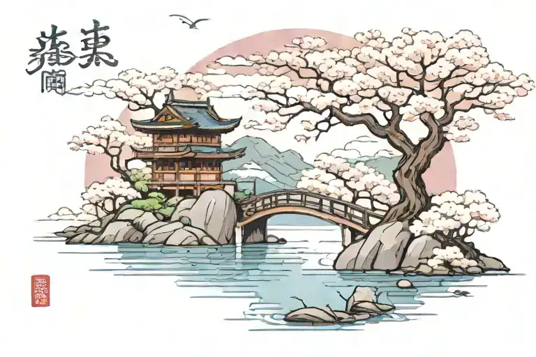 sakura tree with lake around it, bridge connecting two japanese buildings and clouds in the backround tattoo design idea