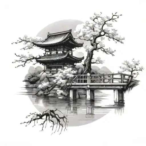sakura tree with lake around it, bridge connecting two japanese buildings and clouds in the backround tattoo design idea