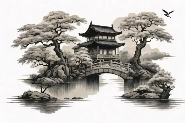 sakura tree with lake around it, bridge connecting two japanese buildings and clouds in the backround tattoo design idea