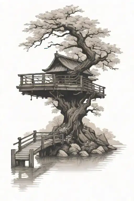 A peaceful scene of a sakura tree overlooking a tranquil lake, with a traditional Japanese bridge in the background tattoo design idea