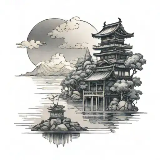 A serene lake with japanese buildings in the background, surrounded by clouds tattoo design idea