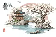 sakura tree with lake around it, bridge connecting two japanese buildings and clouds in the backround tattoo design idea