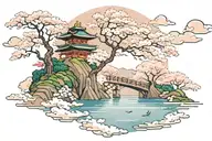 sakura tree with lake around it, bridge connecting two japanese buildings and clouds in the backround tattoo design idea