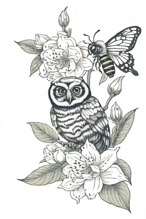 jasmine flowers, orchid flowers, bumble bee, baby bear, baby owl and lady bug tattoo design idea