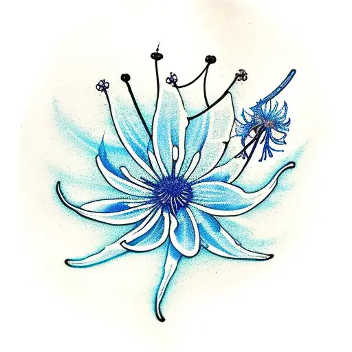 A typewriter with Blue spider Lily and baby’s breath growing out of it tattoo design idea