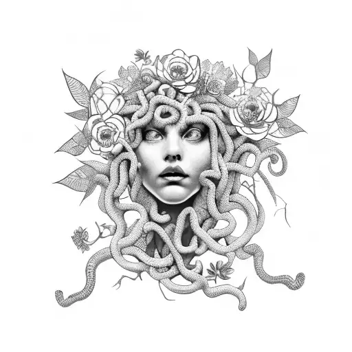 medusa head witch with flowers and greenery surrounding tattoo design idea