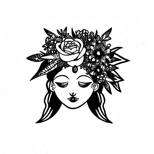 medusa head witch with flowers and greenery surrounding tattoo design idea