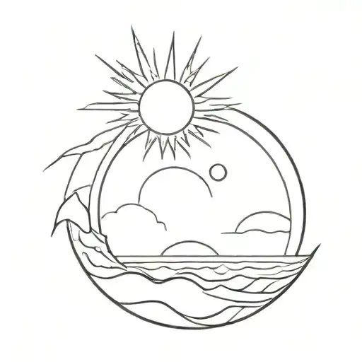 A minimalist tattoo of a sunrise over the ocean with a hidden religious symbol, capturing the beauty of the sea and your faith tattoo design idea