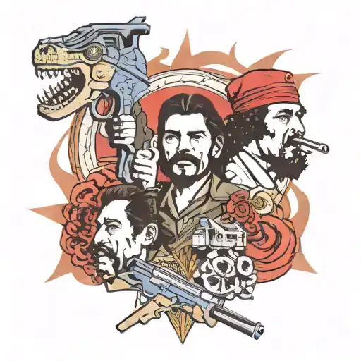 Che Guevara and Pablo Escobar face each other and AK-47 and Uzi guns are in the design and snake and dragon and wolf and tattoo design idea