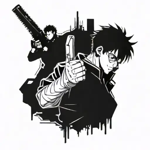 Create a tattoo featuring a fusion of characters from Jujutsu Kaisen, Chainsaw Man, and Blue Lock in a blackwork style tattoo design idea