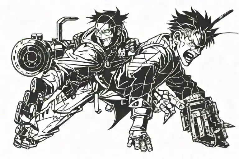 Craft a tattoo inspired by the themes of Jujutsu Kaisen, Chainsaw Man, and Blue Lock in a blackwork style tattoo design idea