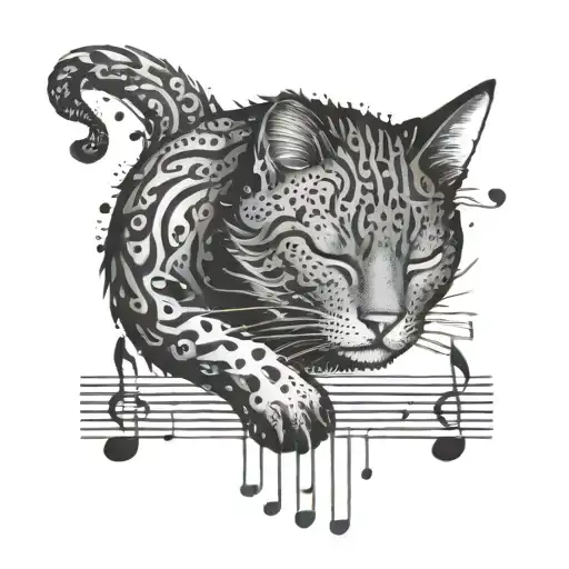 A dotwork design of a sleeping cat with musical notes floating around it tattoo design idea