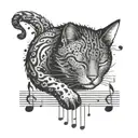A dotwork design of a sleeping cat with musical notes floating around it tattoo design idea