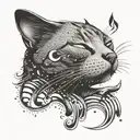A dotwork design of a sleeping cat with musical notes floating around it tattoo design idea