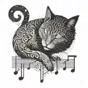 A dotwork design of a sleeping cat with musical notes floating around it tattoo design idea