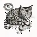 A dotwork design of a sleeping cat with musical notes floating around it tattoo design idea