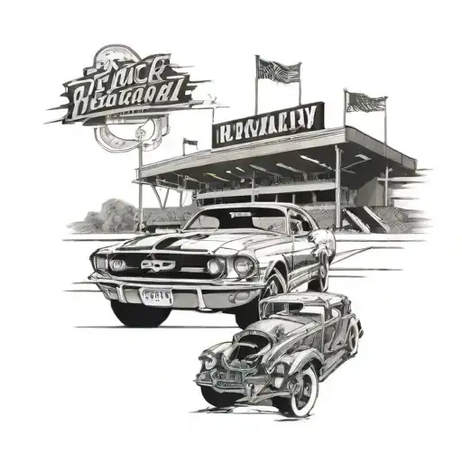 throwback baseball stadium with a 1967 mustang parked outside tattoo design idea