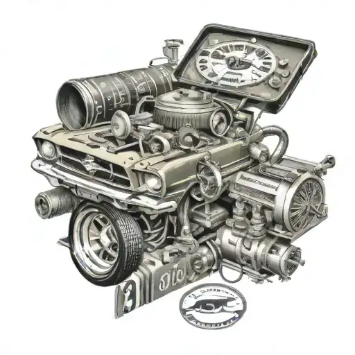 Vintage baseball card collage incorporating elements of a 1967 mustang and 302 engine tattoo design idea