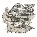 A baseball player sliding into home plate with a 1967 mustang in the background and the phrase 'my buddy, my pal, my friend' written in the dirt tattoo design idea