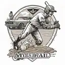 A baseball player sliding into home plate with a 1967 mustang in the background and the phrase 'my buddy, my pal, my friend' written in the dirt tattoo design idea