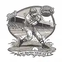 A baseball player sliding into home plate with a 1967 mustang in the background and the phrase 'my buddy, my pal, my friend' written in the dirt tattoo design idea